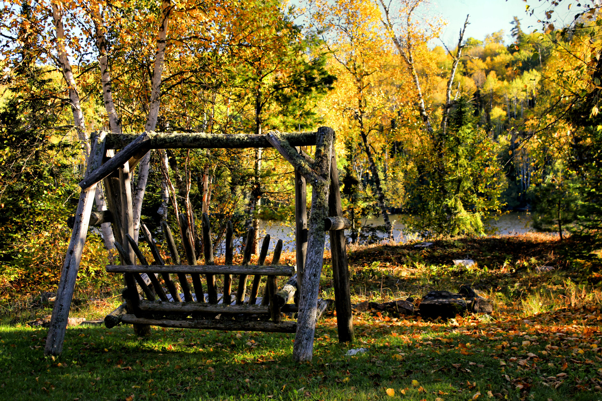 Shot from behind of bench swing in the fall