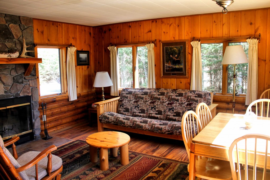 Living room inside log cabin with patterned couch, stone fireplace and circle wooden coffee table